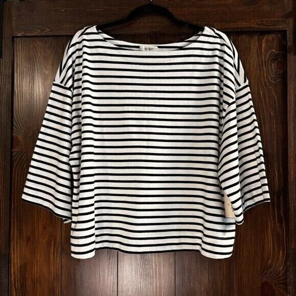 On 34th Plus Size Heavyweight Cotton Black & White Striped Boat-Neck Top NWT - Picture 4 of 5